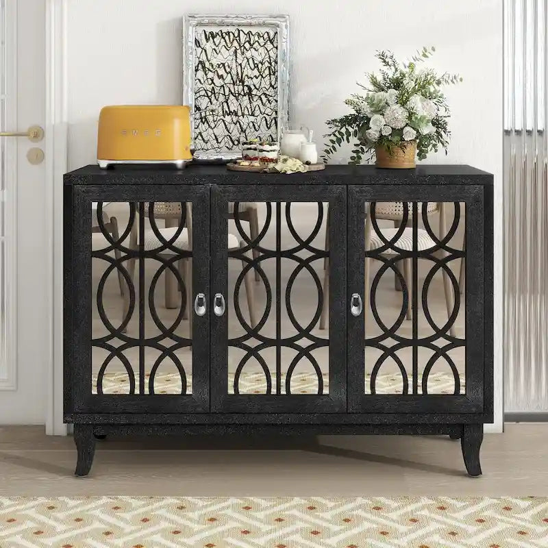 Retro Mirrored Sideboard Buffet Cabinet with 3 Glass Doors - 47.2W