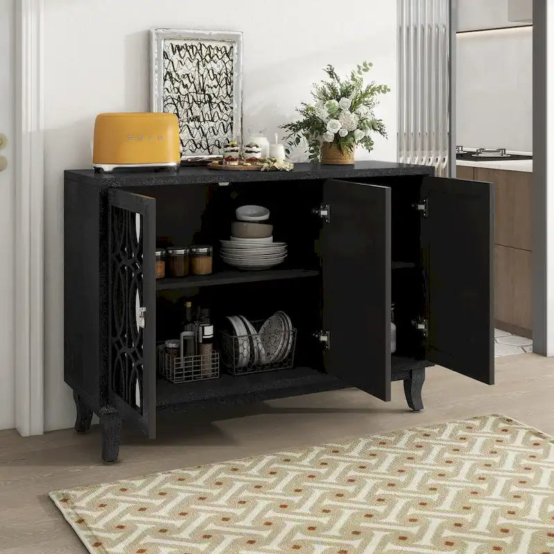 Retro Mirrored Sideboard Buffet Cabinet with 3 Glass Doors - 47.2W