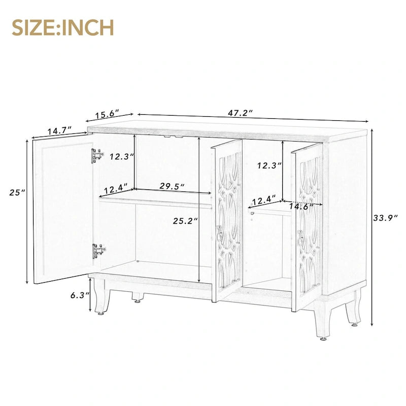 Retro Mirrored Sideboard Buffet Cabinet with 3 Glass Doors - 47.2W