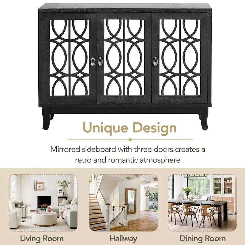 Retro Mirrored Sideboard Buffet Cabinet with 3 Glass Doors - 47.2W