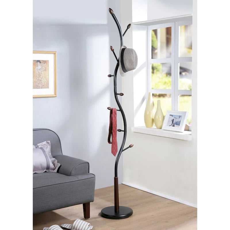 Metal 9-Hook Freestanding Coat Rack with Heavy Round Base - 74.8" Tall